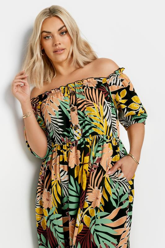 YOURS Plus Size Black Tropical Print Bardot Midaxi Dress | Yours Clothing 5