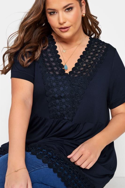 Plus Size Navy Blue Crochet Detail Peplum Tunic | Yours Clothing 4