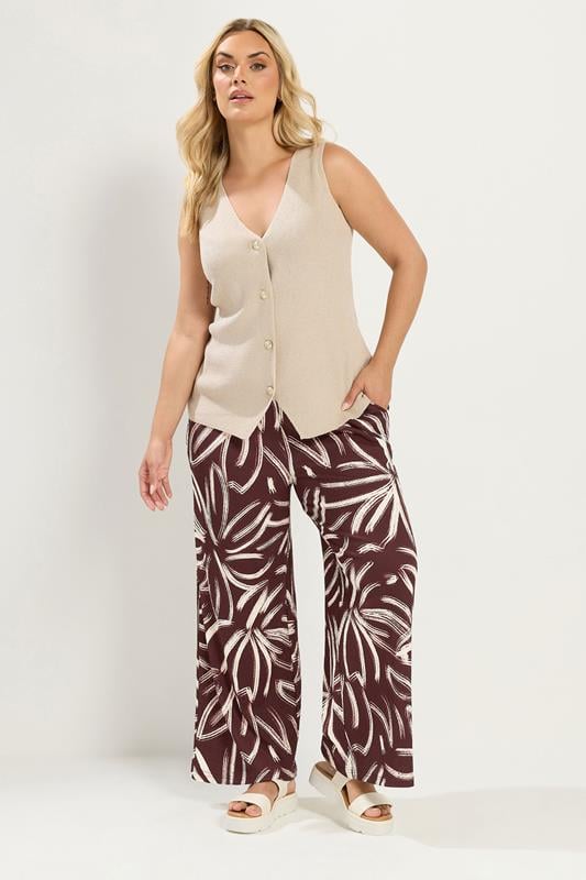  YOURS Curve Brown Abstract Print Wide Leg Trousers