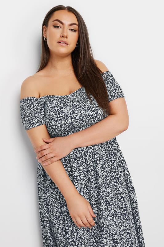 YOURS Plus Size Navy Blue Floral Print Bardot Midaxi Dress | Yours Clothing 4