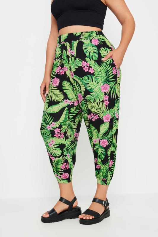 YOURS Plus Size Black Tropical Print Harem Trousers | Yours Clothing 2