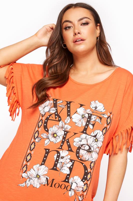 Curve Orange 'Weekend Mood' Slogan Fringe T-Shirt 4
