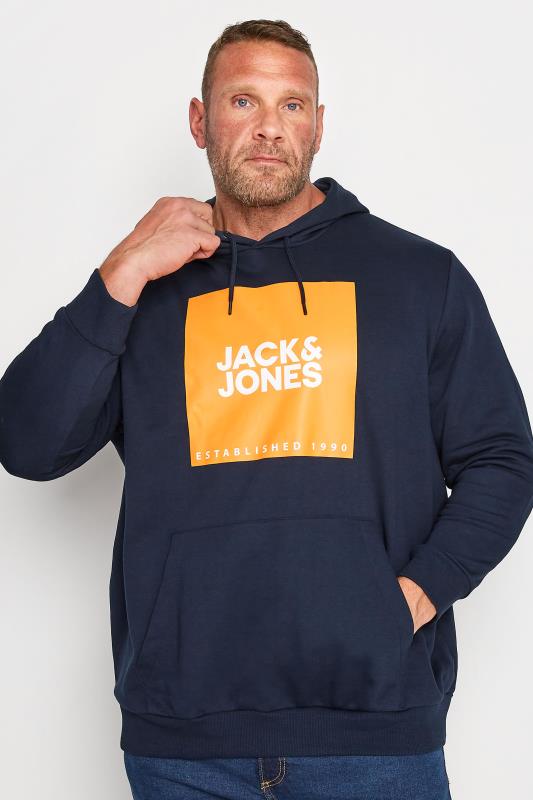 JACK & JONES Big & Tall Navy Blue & Orange Printed Logo Hoodie 1