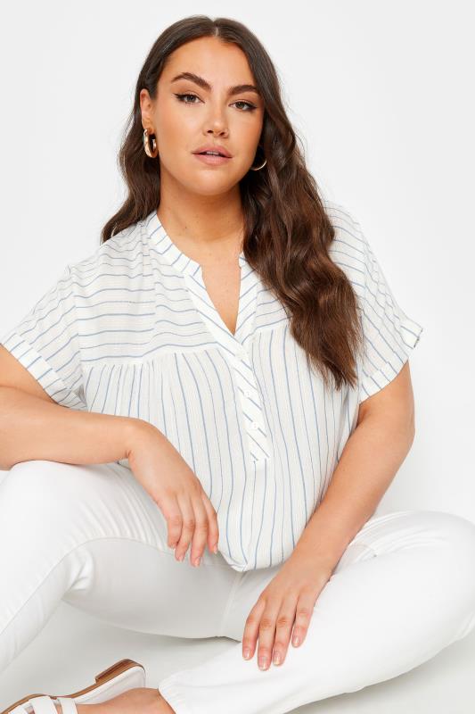 YOURS Plus Size White & Navy Blue Stripe Notch Neck Blouse | Yours Clothing 4