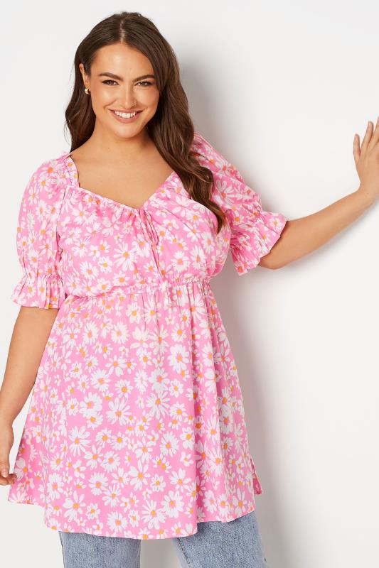 Plus Size Pink Daisy Puff Sleeve Tunic Top | Yours Clothing 1