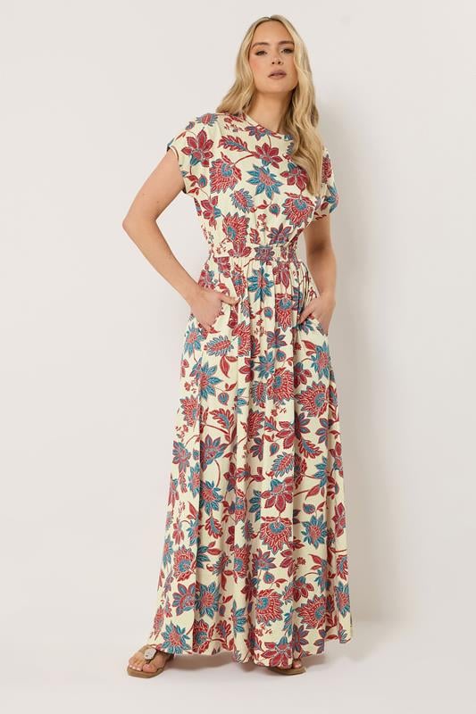  LTS Tall Maxikleid in Rot & Blau mit Blumenmuster und gesmokter Taille