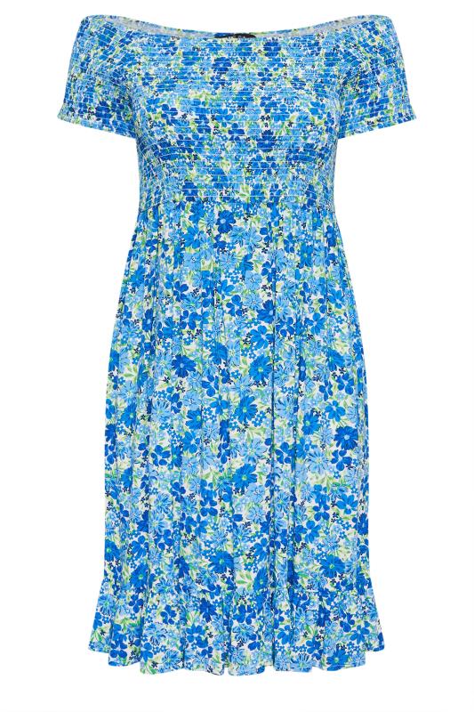 YOURS Plus Size Blue Shirred Bardot Midi Dress | Yours Clothing 5