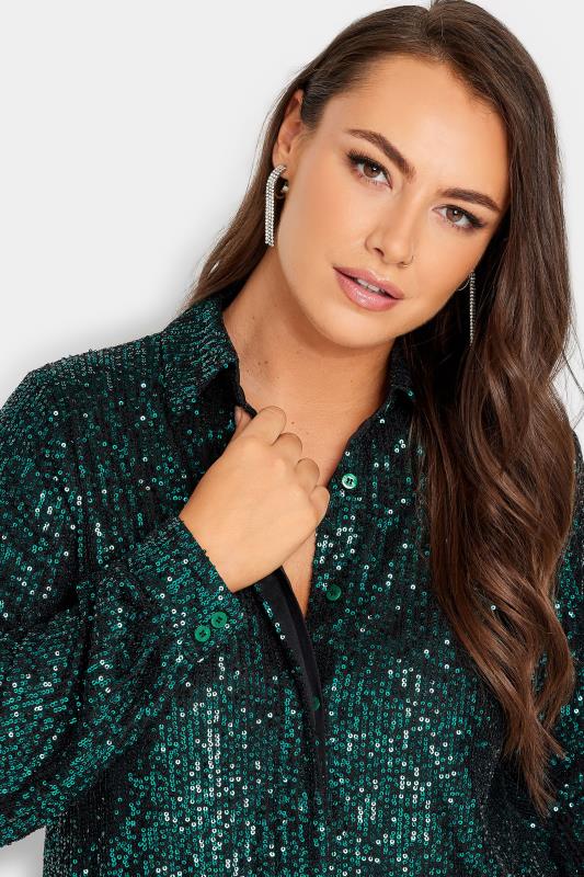 YOURS LONDON Plus Size Dark Green Sequin Embellished Shirt | Yours Clothing 4