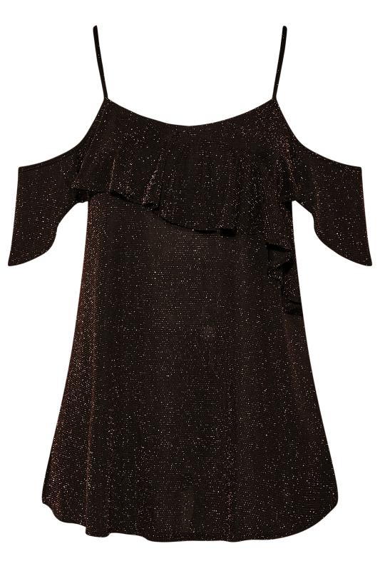Plus Size Black & Gold Glitter Frill Cold Shoulder Top | Yours Clothing 6