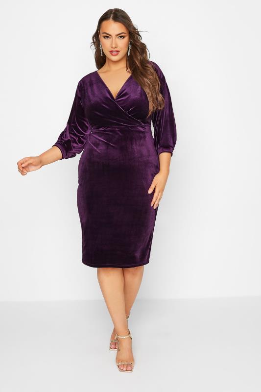 YOURS LONDON Curve Purple Velvet Drop Shoulder Bodycon Wrap Dress | Yours Clothing 2