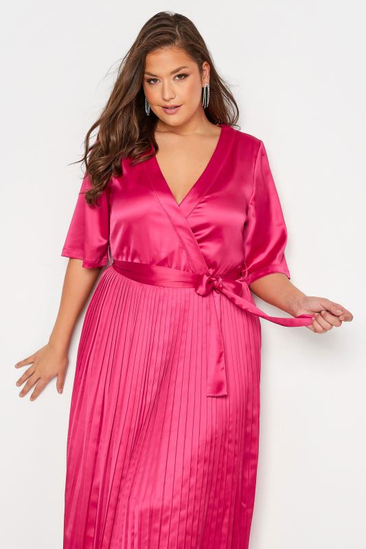 YOURS LONDON Plus Size Pink Satin Pleated Wrap Dress | Yours Clothing 4