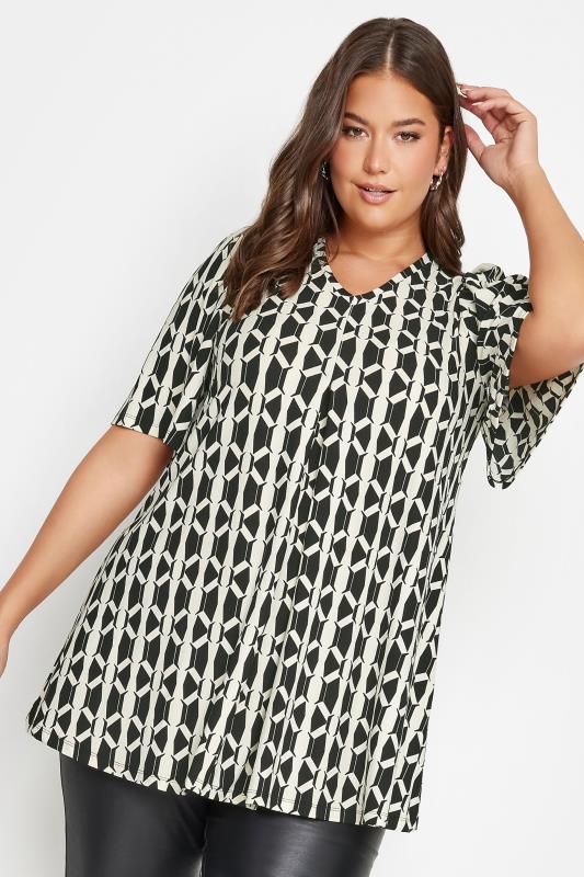 YOURS Plus Size White Geometric Print Pleated Top | Yours Clothing 1