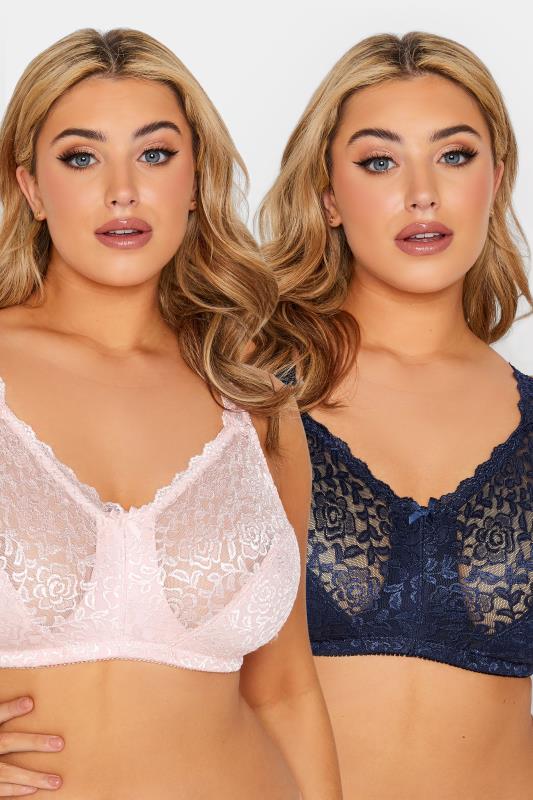 2 PACK Pink & Navy Blue Hi Shine Lace Non-Wired Bras Sizes 38C-48G 1