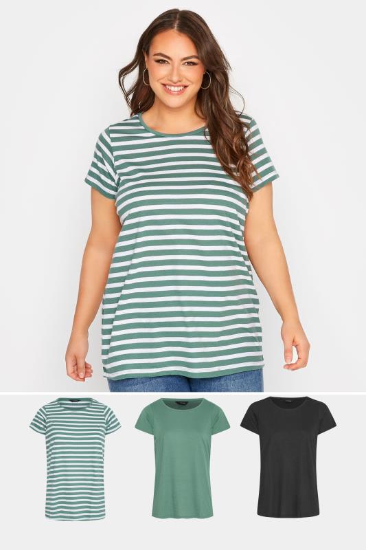 3 PACK Plus Size Sage Green & White & Stripe T-Shirts | Yours Clothing 1