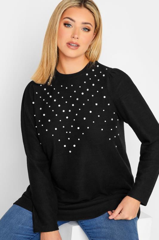Plus Size Black Pearl Embellished Soft Touch Top | Yours Clothing 4