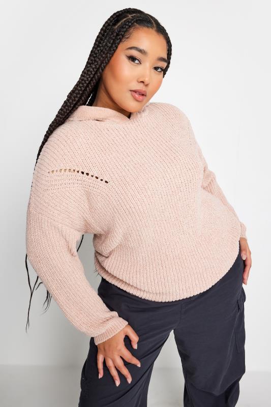 YOURS Plus Size Light Pink Chenille Knitted Hoodie | Yours Clothing 1