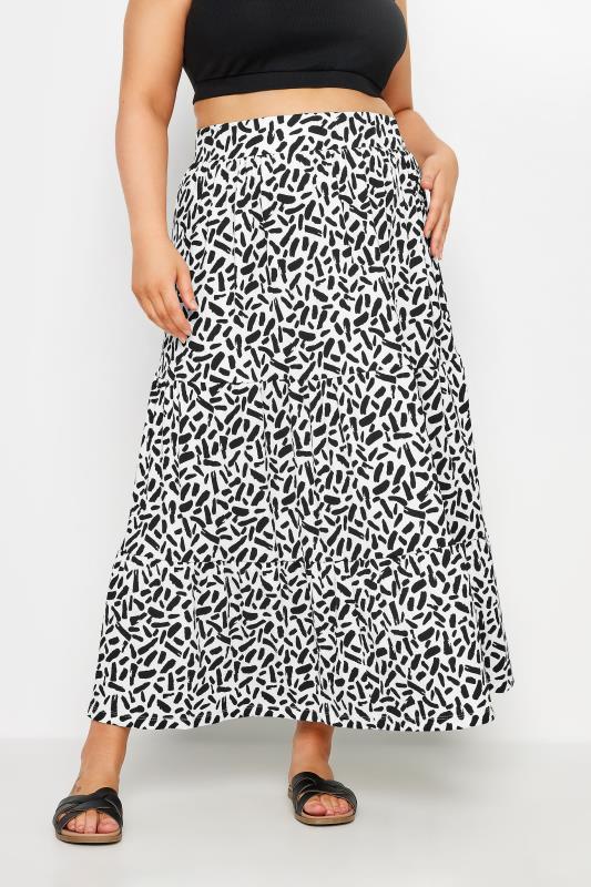 Plus Size  YOURS Curve White Abstract Print Tiered Maxi Skirt