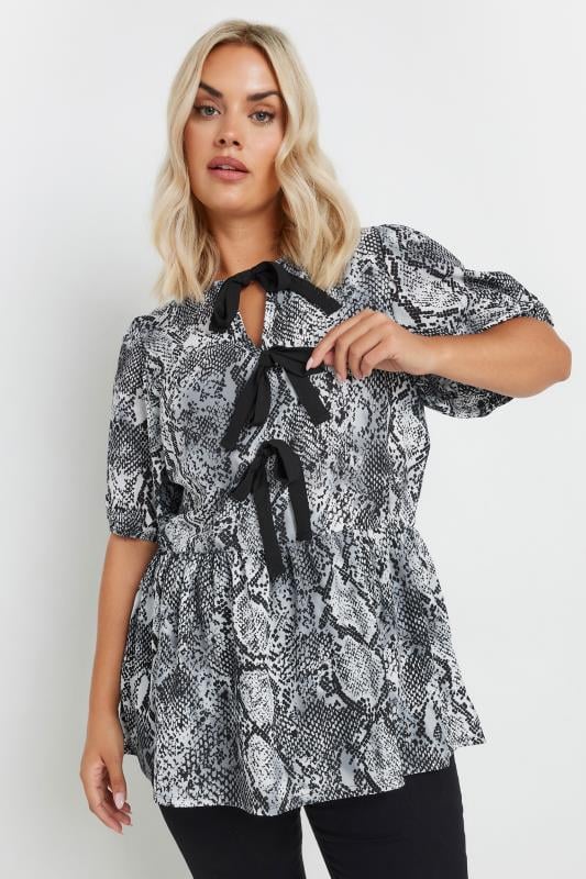 LIMITED COLLECTION Plus Size Grey Snake Print Bow Top | Yours Clothing 2