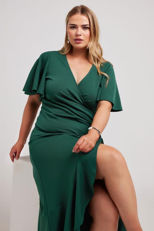 YOURS LONDON Plus Size Emerald Green Ruched Midi Dress | Yours Clothing 1