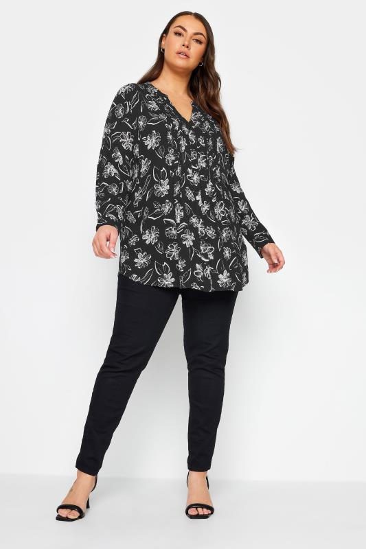 YOURS Plus Size Black Pintuck Floral Print Shirt | Yours Clothing 3