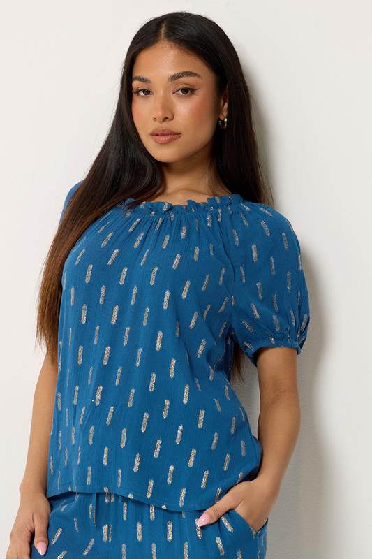  M&Co Petite Navy Blue Foil Scoop Neck Top