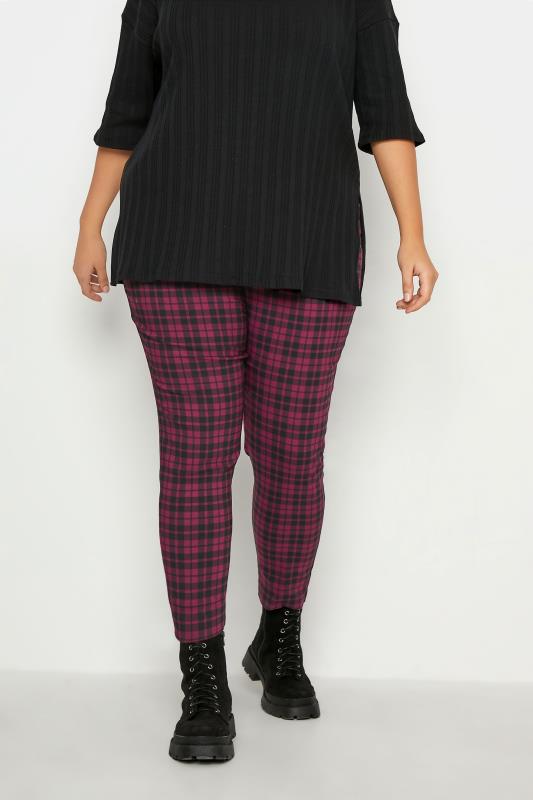 Curve Berry Red Bengaline Check Trousers 1