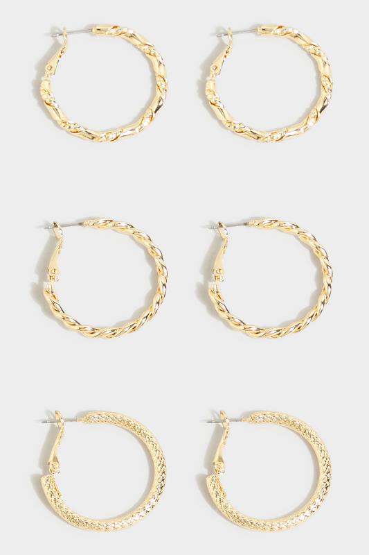 3 PACK Gold Twisted Hoop Earrings | Yours Clothing 3