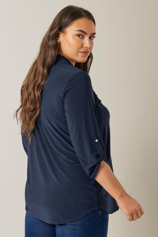 EVANS Plus Size Navy Blue Tab Sleeve Blouse | Evans  3