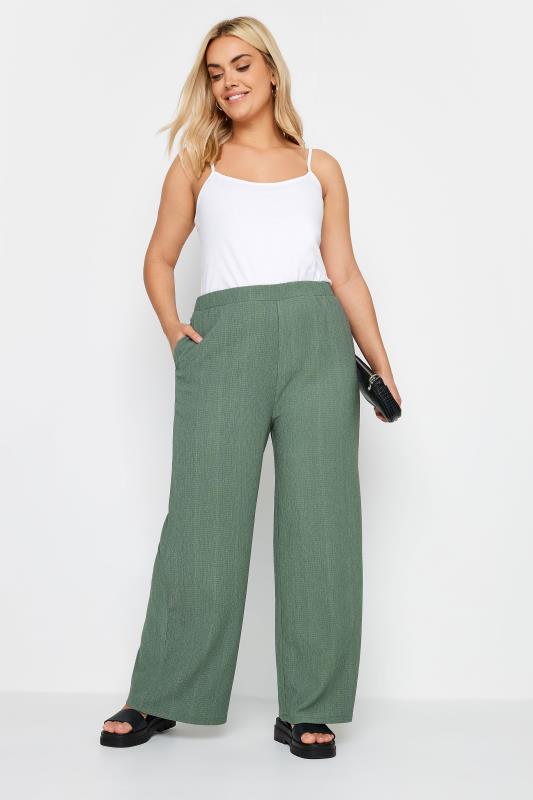 YOURS Plus Size Khaki Green Textured Wide Leg Trousers | Yours Clothing 2