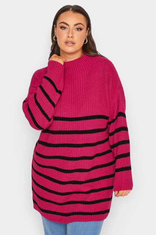 YOURS LUXURY Plus Size Hot Pink Stripe High Neck Jumper | Yours Clothing 1