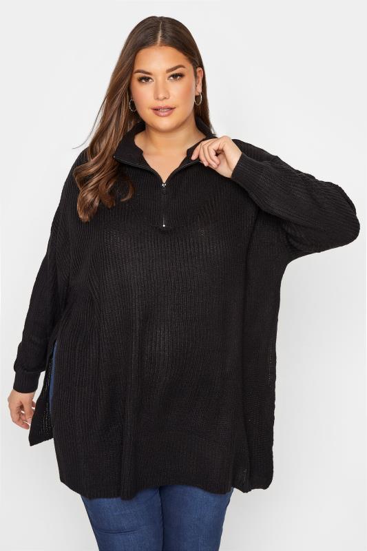 Plus Size  YOURS Curve Black Quarter Zip Knitted Jumper