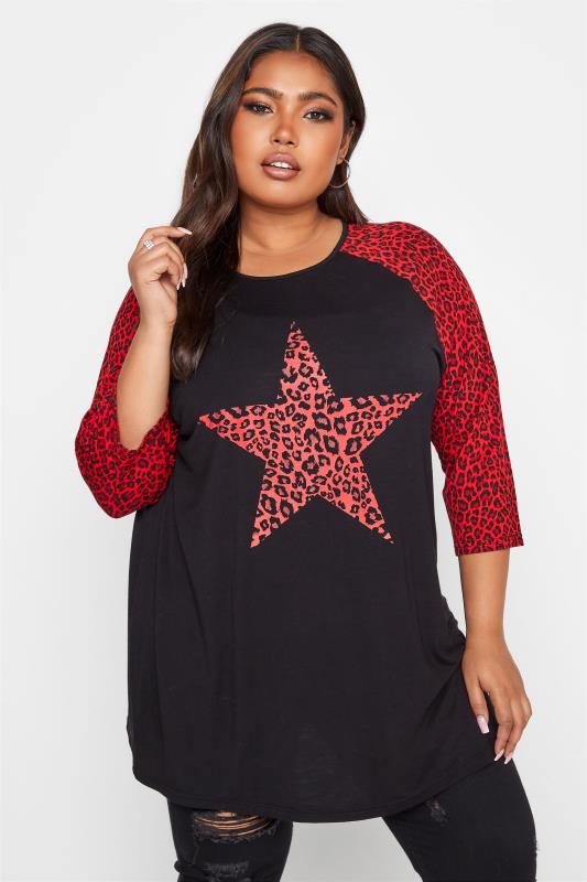 Plus Size Black & Red Animal Print Raglan Top | Yours Clothing 1