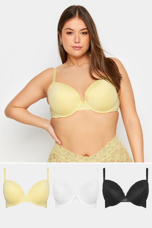 YOURS Plus Size 3 PACK Yellow & White Padded Underwired T-Shirt Bras | Yours Clothing 1
