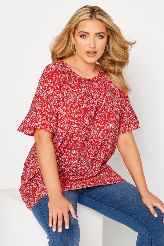 Curve Red Floral Print Frill Sleeve Keyhole Top 4