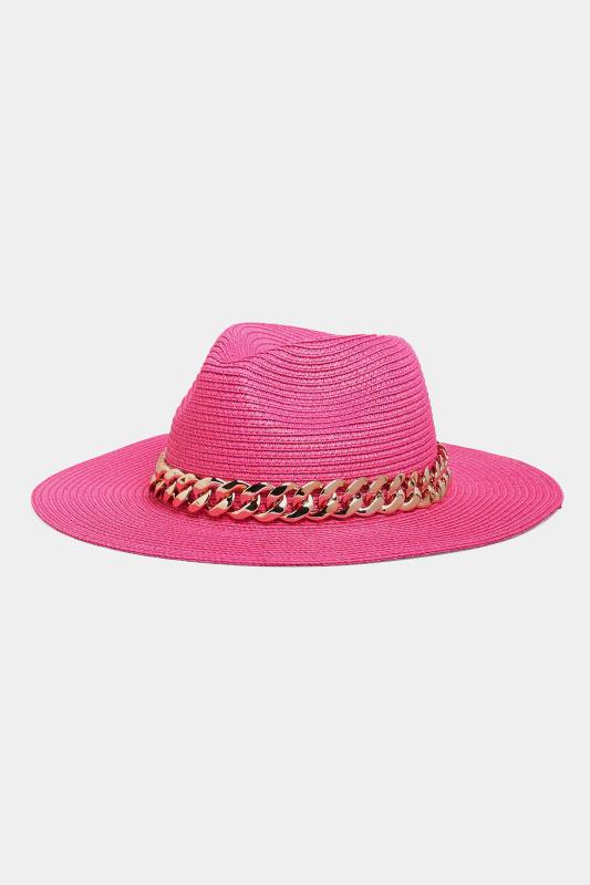 Hot Pink Straw Chain Fedora Hat | Yours Clothing 1