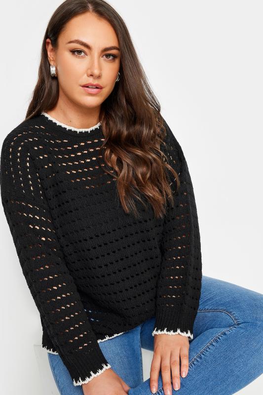 YOURS Plus Size Black Contrast Hem Crochet Jumper | Yours Clothing 4