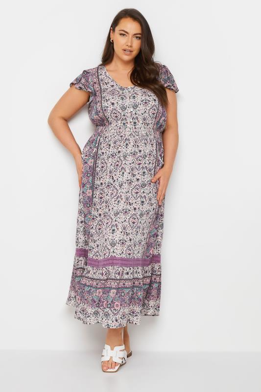 YOURS Plus Size Purple Floral Print Crinkle Maxi Dress | Yours Clothing 3