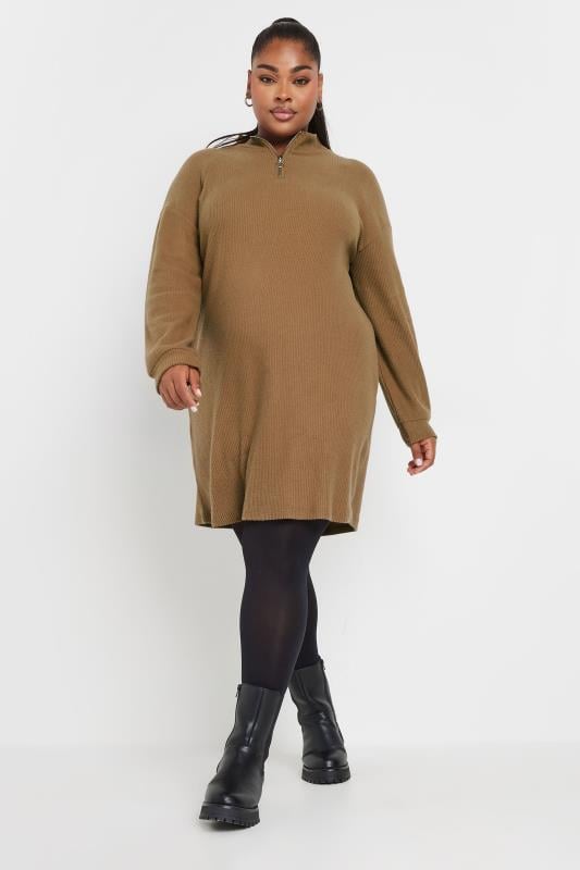 YOURS Plus Size Natural Brown Soft Touch Zip Neck Jumper Dress Yours Clothing