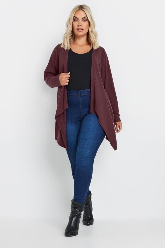 YOURS Plus Size Burgundy Red Ribbed Waterfall Cardigan | Yours Clothing 2