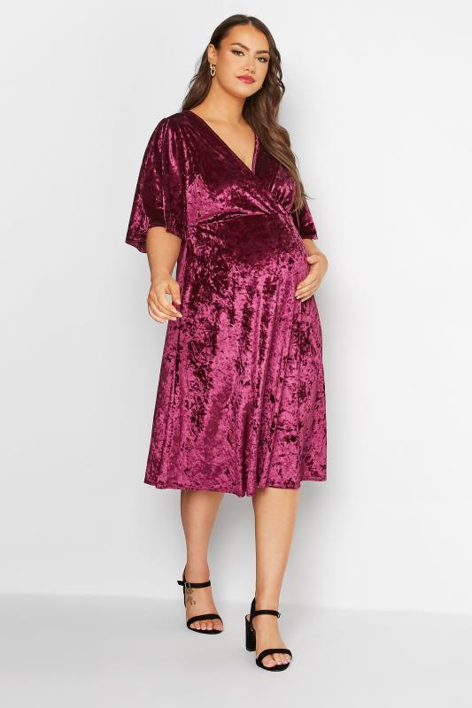 Plus Size  BUMP IT UP MATERNITY Curve Dark Pink Velvet Midi Wrap Dress