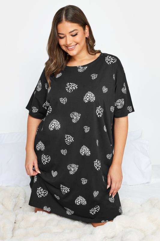 YOURS Curve Black & White Wild Heart Print Sleep Tee Nightdress | Yours Clothing 1