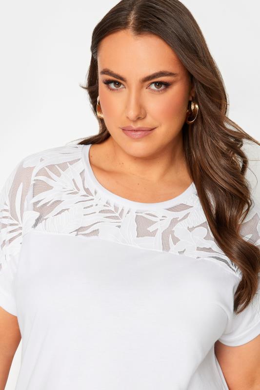 YOURS Plus Size White Floral Mesh Panel T-Shirt | Yours Clothing 4
