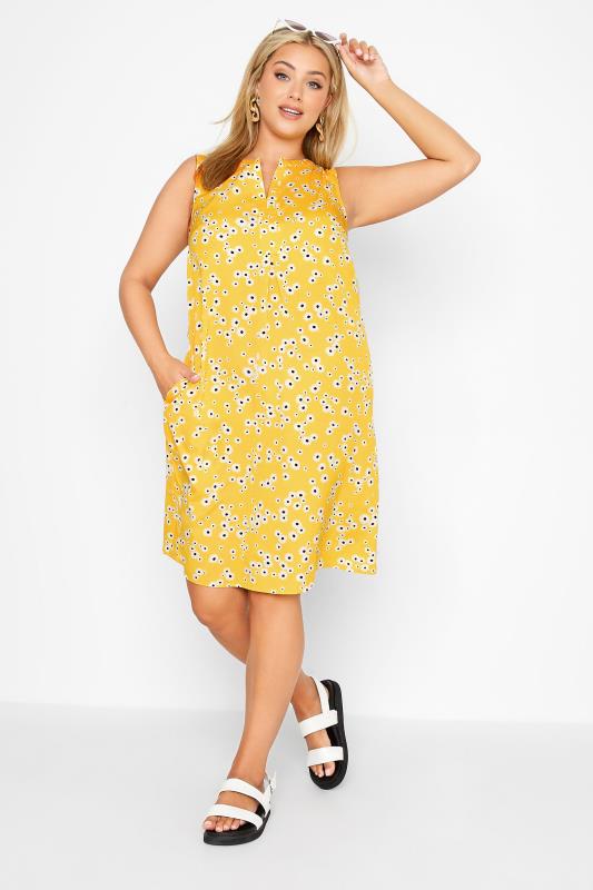 Curve Yellow Daisy Print Sleeveless Shirt Dress 1