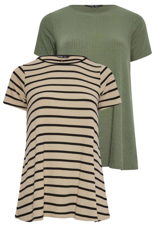 YOURS Plus Size Curve 2 Pack Khaki Green Ribbed Stripe Swing T-Shirts | Yours Clothing  8