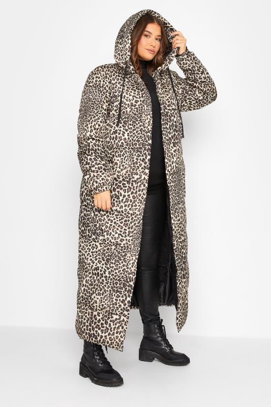 LTS Tall Womens Beige Brown Animal Print Longline Puffer Coat | Long Tall Sally 2