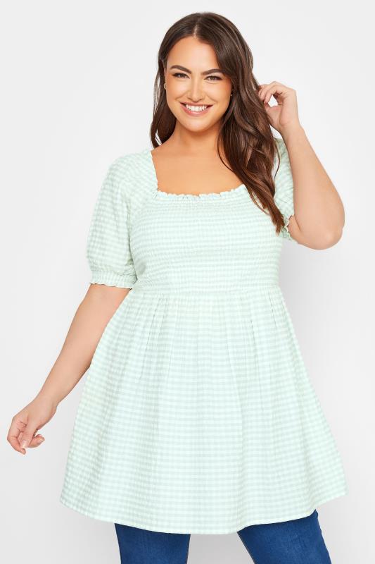 Plus Size Green Gingham Shirred Top | Yours Clothing 1