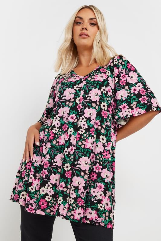  YOURS Curve Pink Floral Print Angel Sleeve Swing Top