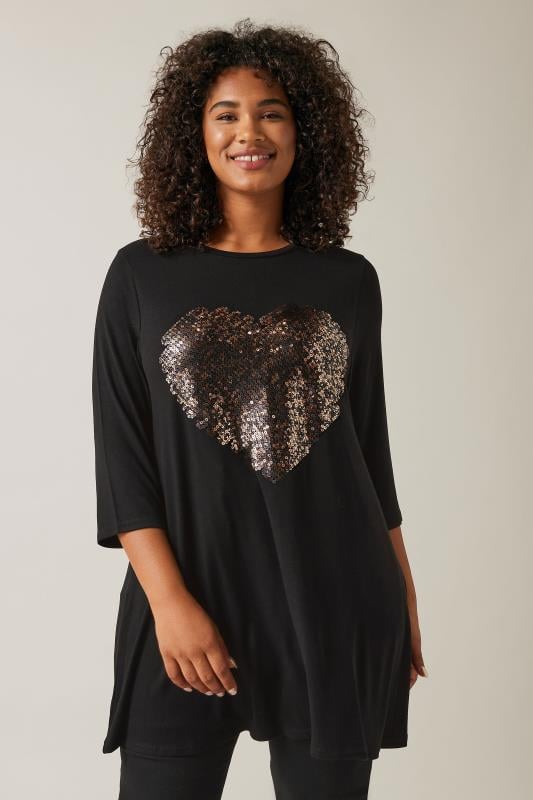 EVANS Plus Size Black Sequin Embellished Heart Top | Evans  2