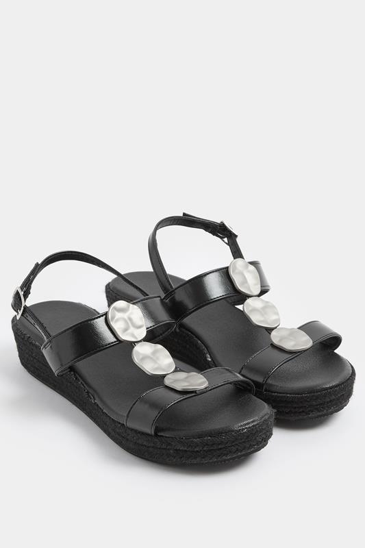 Black Hammered Disk Wedge Sandals In Wide E Fit | Yours Clothing 1