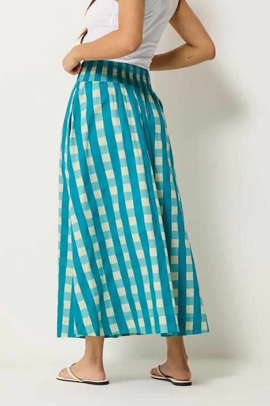 PixieGirl Petite Women's Teal Green Check Cotton Shirred Midi Skirt | PixieGirl 2